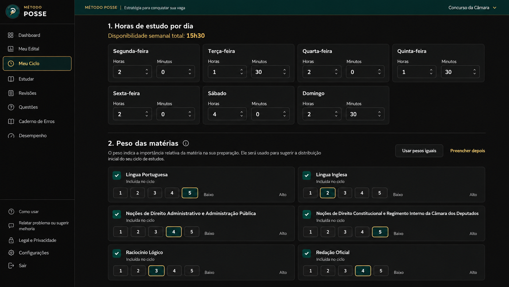 Tela Meu Ciclo do Planner Método POSSE